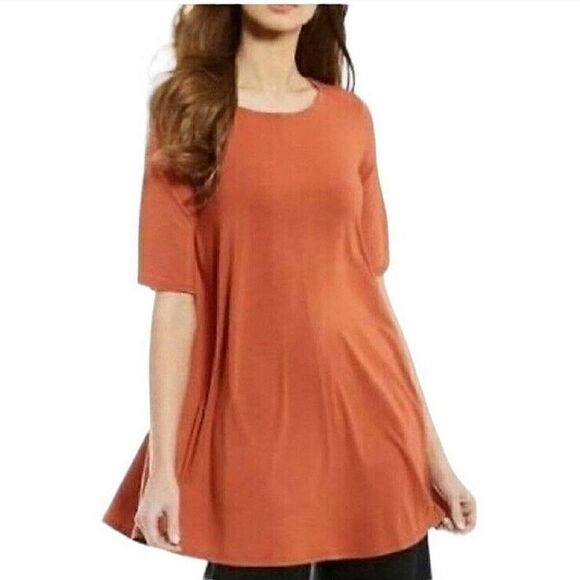 NWOT Eileen Fisher Rust Orange Pekoe Viscose Jersey Jewel Neck Tunic Tee Top S - Picture 2 of 12